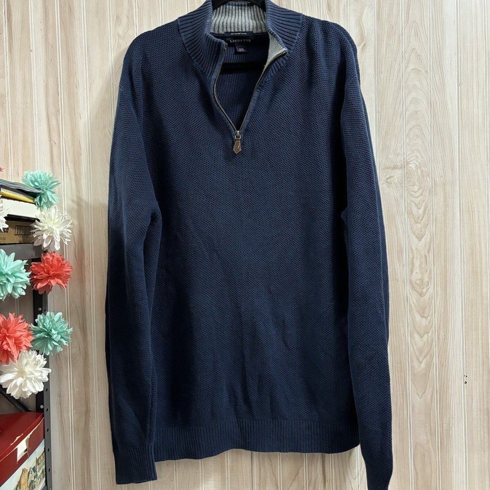 Lands End Mens XXL Navy Blue 100% Supima Cotton 1/4 Zip Pullover Sweater Layers